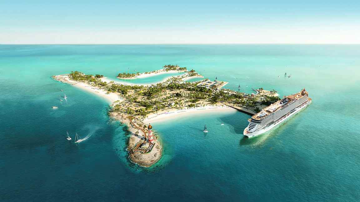 Luftfoto af en tropisk ø med strande og et krydstogtskib. (AI-genereret tekst)