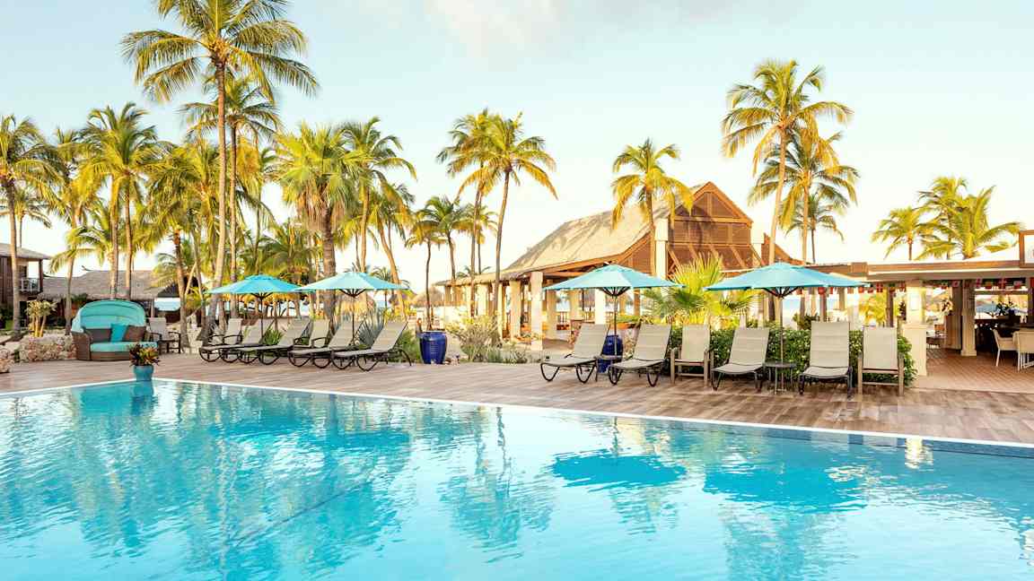 Poolområde med liggestole, parasoller og palmer i baggrunden. (AI-genereret tekst)