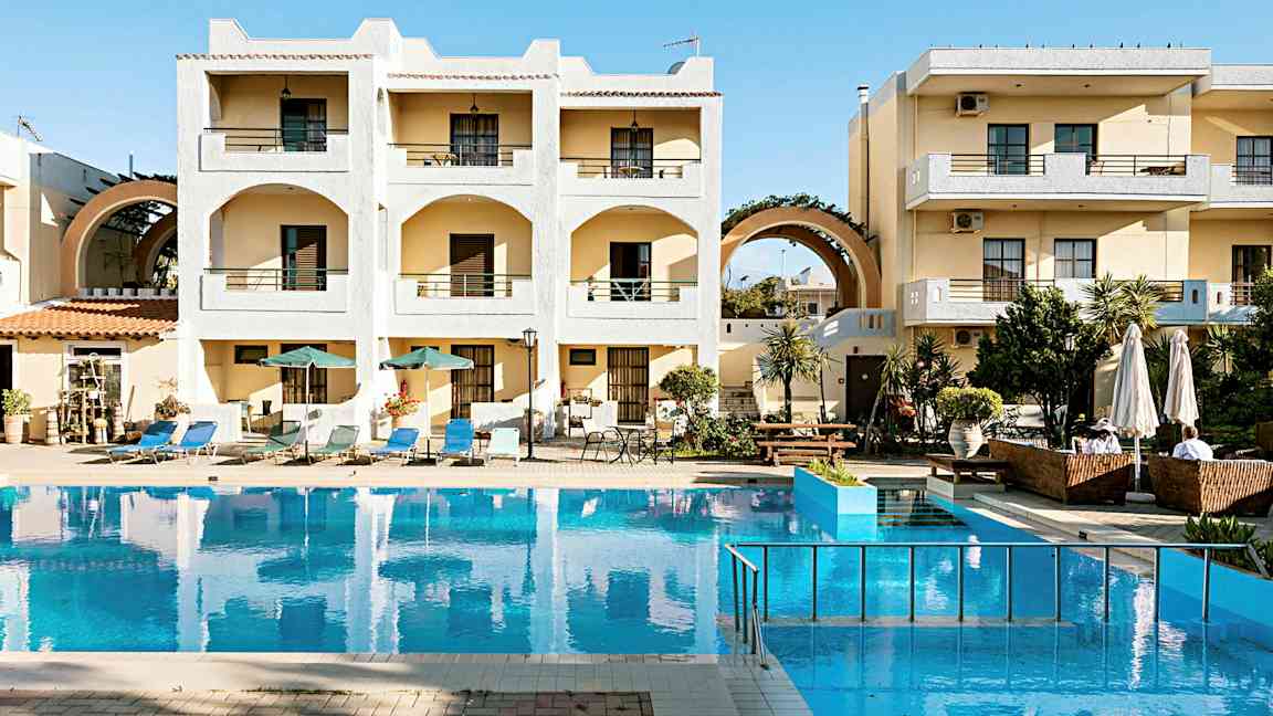 Et hotelkompleks med altaner og en pool foran bygningen. Der er liggestole og parasoller omkring poolen. (AI-genereret tekst)
