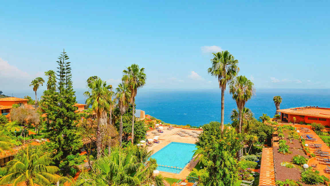 Udsigt over et poolområde omgivet af grønne planter og palmer, med havet i baggrunden. (AI-genereret tekst)