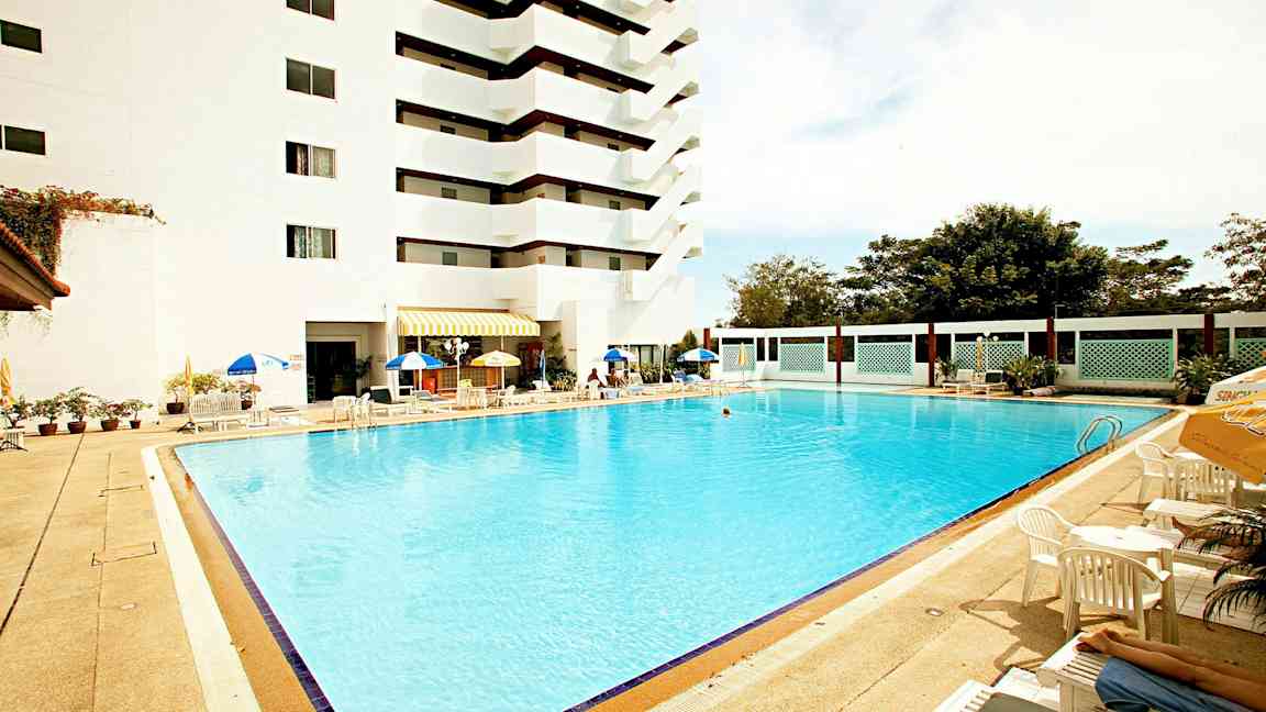 Udendørs pool ved et hotel med liggestole og parasoller. (AI-genereret tekst)