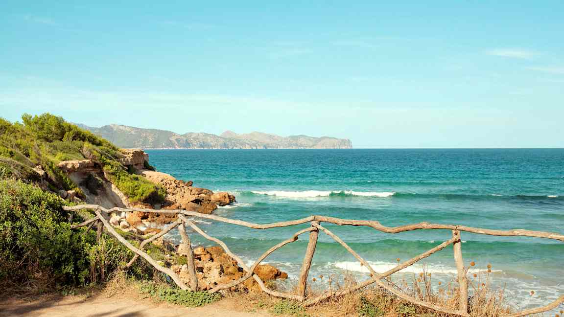 Strand med trægærde og hav i baggrunden. (AI-genereret tekst)