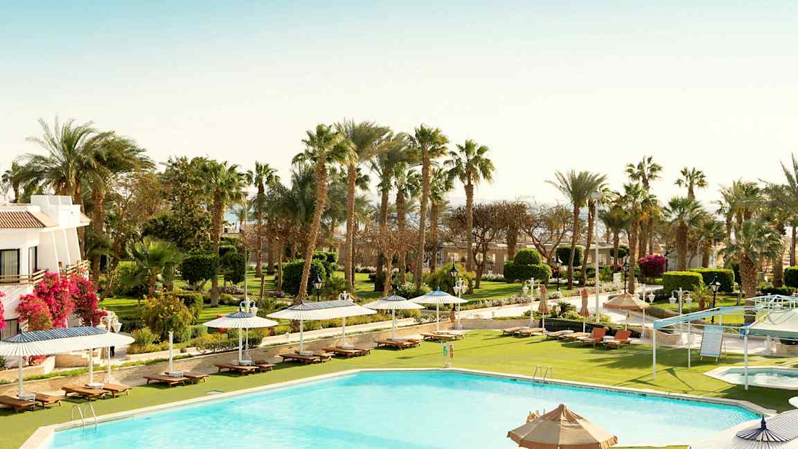 Swimmingpool med liggestole, parasoller og grønne områder i baggrunden. (AI-genereret tekst)