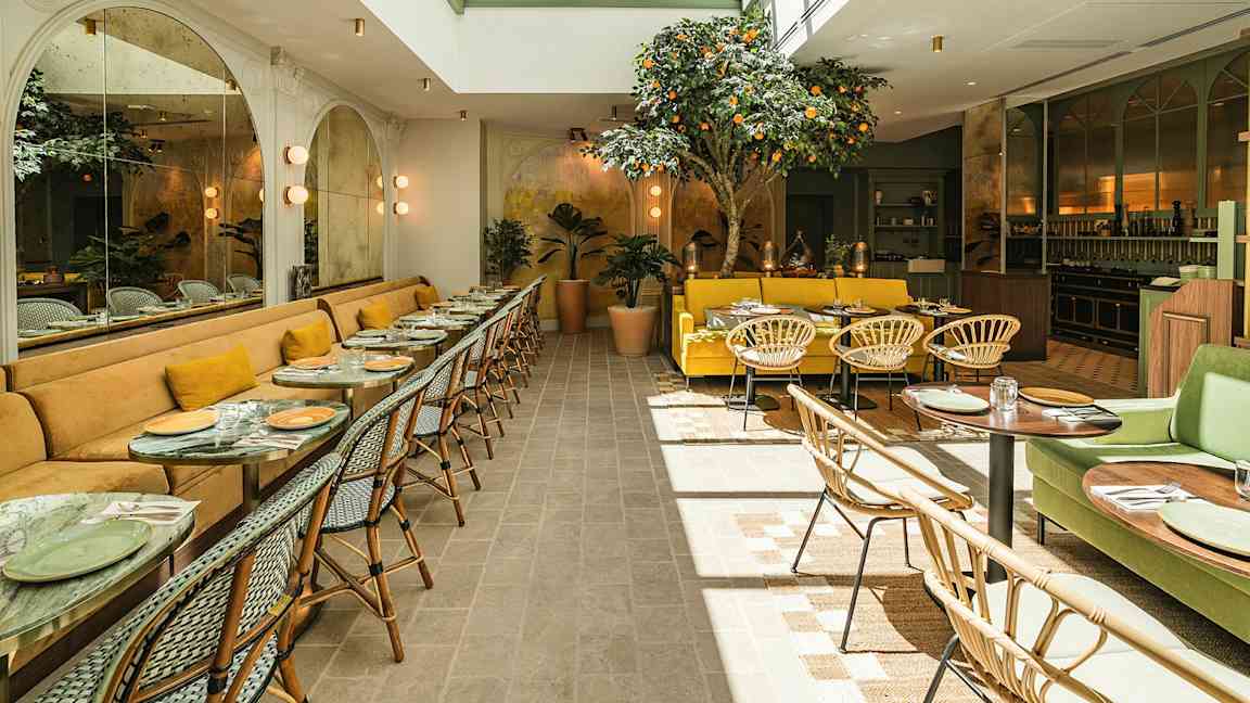 En lys og elegant restaurant med siddepladser ved borde og sofaer. Dekorationer inkluderer et citrus træ og grønne planter. (AI-genereret tekst)