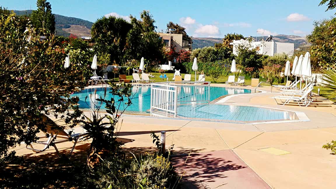 En udendørs pool omgivet af liggestole og parasoller, med grønne områder i baggrunden. (AI-genereret tekst)