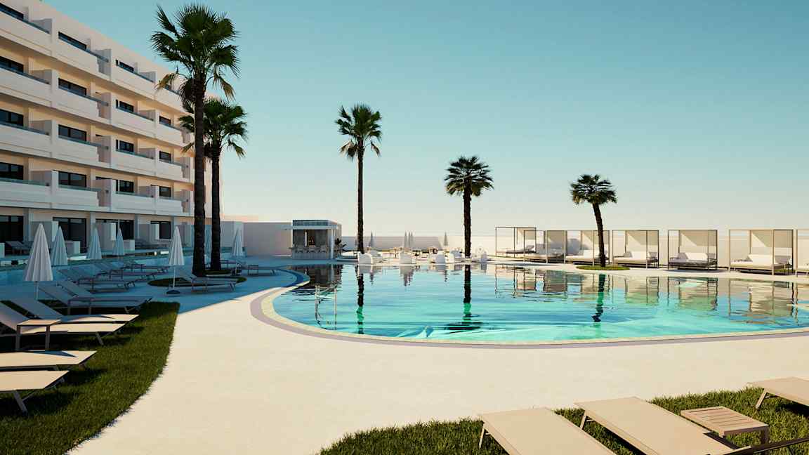 Moderne hotelbygning med en pool omgivet af liggestole og palmer. (AI-genereret tekst)