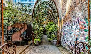 En gyde med en overdækket gang og planter samt en murstensvæg mærket med graffiti. (AI-genereret tekst)