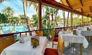 Udendørs servering med udsigt over en pool og omkringliggende palmer. (AI-genereret tekst)