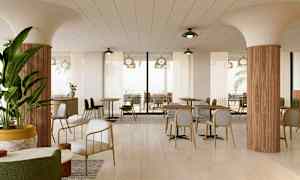 Et moderne restaurantmiljø med borde og stole, søjler og planter. (AI-genereret tekst)