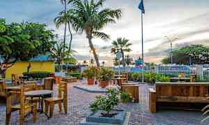 Et udendørsmiljø med borde og stole samt palmer og anden beplantning. (AI-genereret tekst)