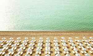 Strand med liggestole og parasoller arrangeret i rækker nær turkis hav. (AI-genereret tekst)