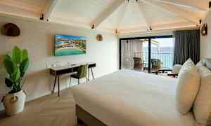 Et hotelværelse med en dobbeltseng, skrivebord, tv og balkon med udsigt over havet. (AI-genereret tekst)