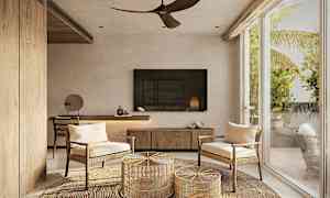 Moderne rum med store vinduer, to stole, og en rottingmatte. (AI-genereret tekst)