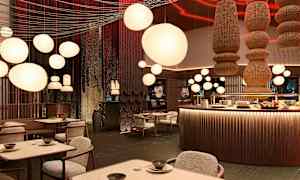 Billede af et elegant restaurantinteriør med runde loftslamper og stilfuldt møblement. (AI-genereret tekst)