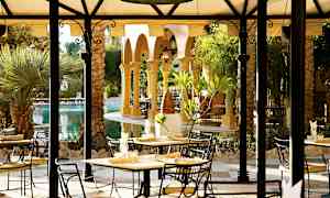 Udendørs serveringsområde med borde og stole under et tag, omgivet af vegetation og palmer. (AI-genereret tekst)