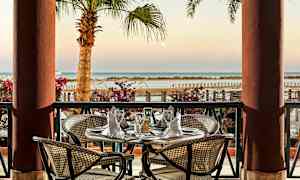 En borddækning på en terrasse med udsigt over havet og palmer. (AI-genereret tekst)