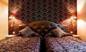 To senge med dekorative sengetæpper og puder foran en mørk mønstret væg. (AI-genereret tekst)