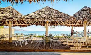 Udendørsområde med borde og stole under stråtag nær stranden. (AI-genereret tekst)