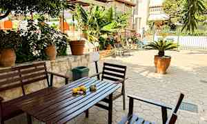 En terrasse med havemøbler, potteplanter og grønne bananplanter. (AI-genereret tekst)