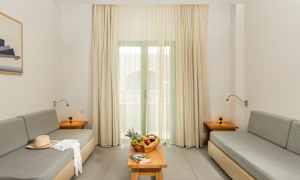 En stue med to grå sofaer, et bord med frugtkurv og en bog samt gardiner foran vinduet. (AI-genereret tekst)