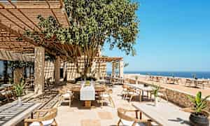 En udendørs restaurant med træmøbler og hvide duge, omgivet af frodig beplantning og med udsigt over havet under en klar blå himmel. (AI-genereret tekst)