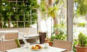 Et bord med to kaffekopper og et fad med bagværk på en terrasse med grønt. (AI-genereret tekst)