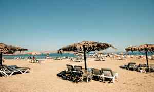 Strand med liggestole og parasoller med stråtag. (AI-genereret tekst)