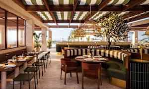 En moderne restaurant med stilfuld indretning og opdækkede borde. (AI-genereret tekst)