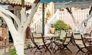 Udendørs serveringsområde med borde og stole omgivet af hvide træer og planter. (AI-genereret tekst)