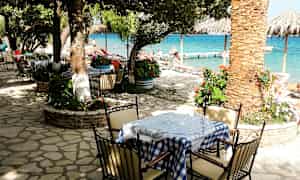 En udendørs servering ved en strand, med borde og stole under træer. (AI-genereret tekst)