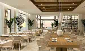 En moderne restaurant med hvide vægge, træmøbler og borde dækket med duge. (AI-genereret tekst)