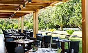 En udendørs restaurant med dækkede borde og udsigt til en have med palmer. (AI-genereret tekst)