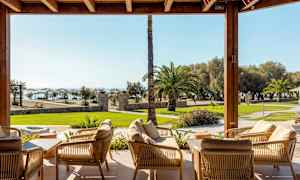 Afslappende område med siddepladser, der fører til en have med palmer og havudsigt. (AI-genereret tekst)