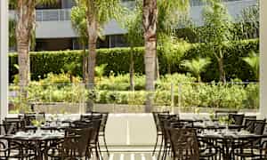 Flere borde med stole i et udendørsmiljø omgivet af grønne planter og palmer. (AI-genereret tekst)