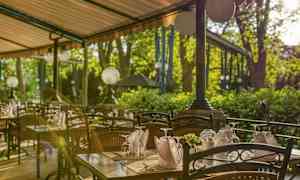 Udendørs serveringsområde med dækkede borde og stole under et tag med grønne træer i baggrunden. (AI-genereret tekst)