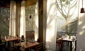 Et lyst og luftigt restaurantområde med høje vinduer, der lukker naturligt lys ind og udsigt over de omkringliggende træer. (AI-genereret tekst)