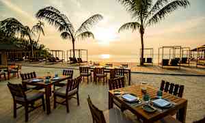 Udsigt over en strand med træborde og stole, solsenge under himlen og palmer i baggrunden. (AI-genereret tekst)