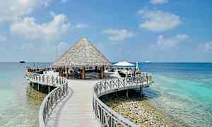 En træbro fører til en hytte ved havet. (AI-genereret tekst)