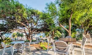 Udendørs serveringsområde under skyggefulde træer med borde og stole. (AI-genereret tekst)