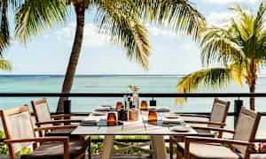 Et dækket bord med siddepladser står på en terrasse med udsigt over havet og omkringliggende palmer. (AI-genereret tekst)