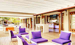 En udendørsservering med lilla puder på stole og et barområde i baggrunden. (AI-genereret tekst)