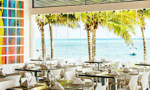 Et restaurantområde med dækkede borde, store glasvinduer der vender ud mod palmer og havet udenfor. (AI-genereret tekst)