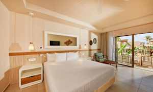 Et hotelværelse med en stor seng, natbord og en lænestol med bord. En glasdør fører ud til en balkon med udsigt over et frodigt område. (AI-genereret tekst)