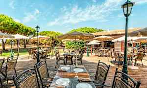 Udendørsservering med borde og stole, samt parasoller under en klar blå himmel. (AI-genereret tekst)