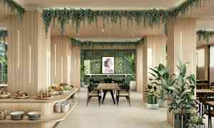 Moderne restaurantområde med træ og grønne dekorationer. (AI-genereret tekst)