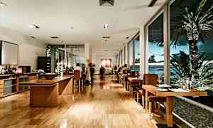 En restaurant med moderne interiør, træborde og -stole samt store vinduer med udsigt til en tropisk scene med palmer og hav. (AI-genereret tekst)