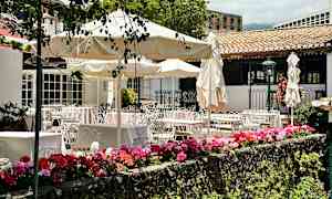 Dette billede viser en udendørs terrasse med borde, stole og parasoller samt farverige blomster i forgrunden. (AI-genereret tekst)