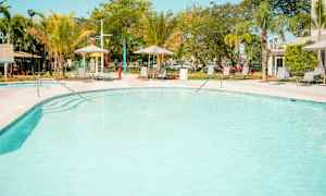 Udendørs swimmingpool omgivet af liggestole og palmer. (AI-genereret tekst)