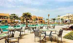 Udendørs servering ved en pool i en haveagtig omgivelser, omgivet af palmer og bygninger. (AI-genereret tekst)