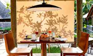 Et dækket bord med morgenmad og drikkevarer foran en beige baggrund med skygger fra løv. (AI-genereret tekst)